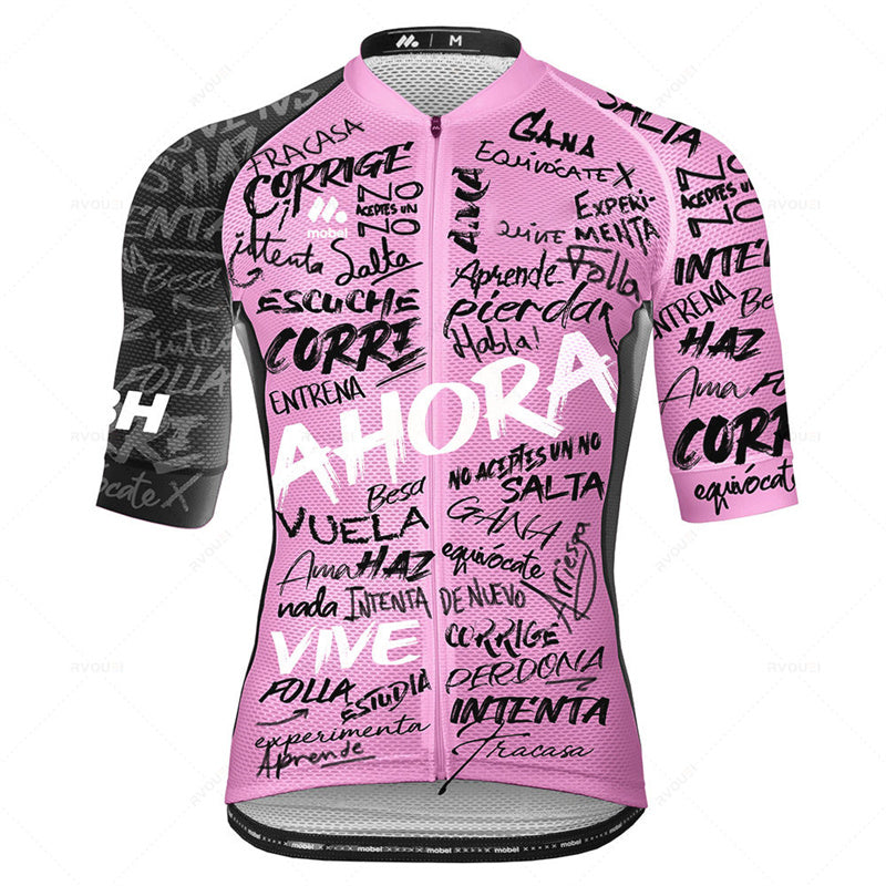 HORA Spanish Typography Cycling Jersey | Unisex Pink & Black Bike Shirt