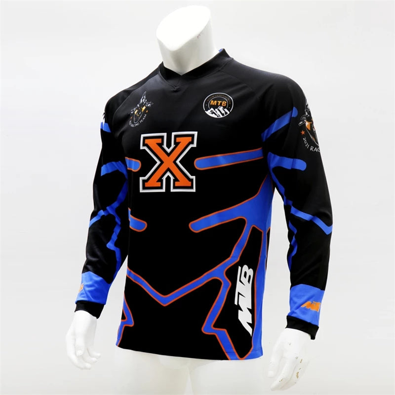 Men’s Black & Blue Motocross Jersey – Long Sleeve Dirt Bike & MTB Racing Shirt with Orange “X” Graphic & Quick-Dry Breathable Fabric