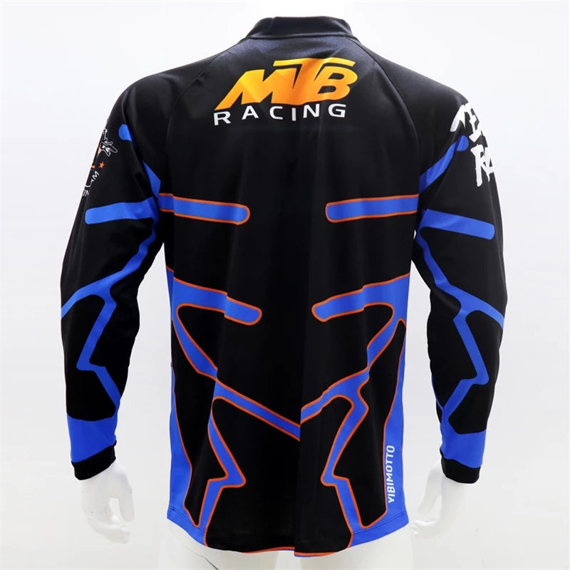 Men’s Black & Blue Motocross Jersey – Long Sleeve Dirt Bike & MTB Racing Shirt with Orange “X” Graphic & Quick-Dry Breathable Fabric