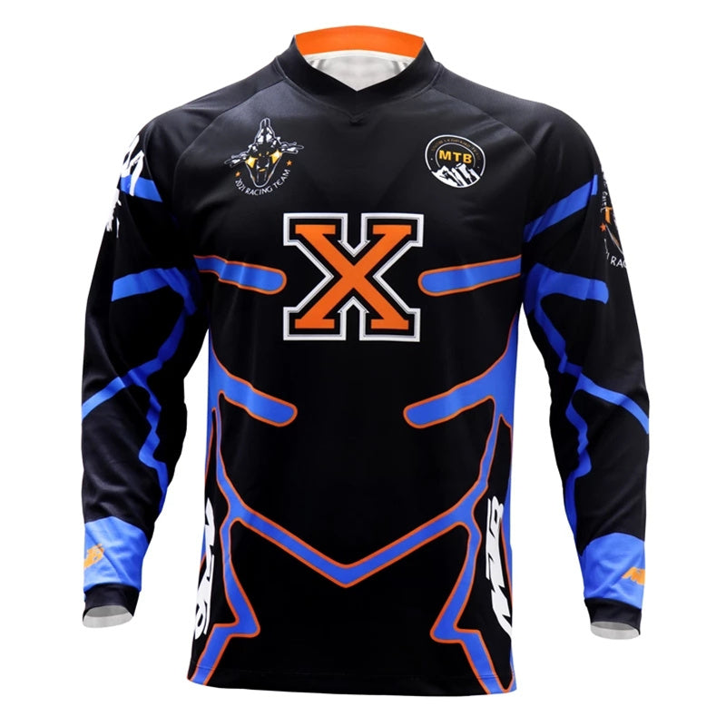 Men’s Black & Blue Motocross Jersey – Long Sleeve Dirt Bike & MTB Racing Shirt with Orange “X” Graphic & Quick-Dry Breathable Fabric