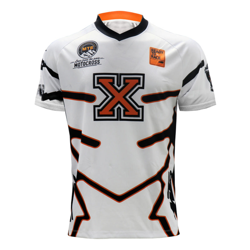 Men’s White Motocross Jersey – Short Sleeve Dirt Bike & MTB Racing Shirt with Orange “X” Graphic & Quick-Dry Fabric