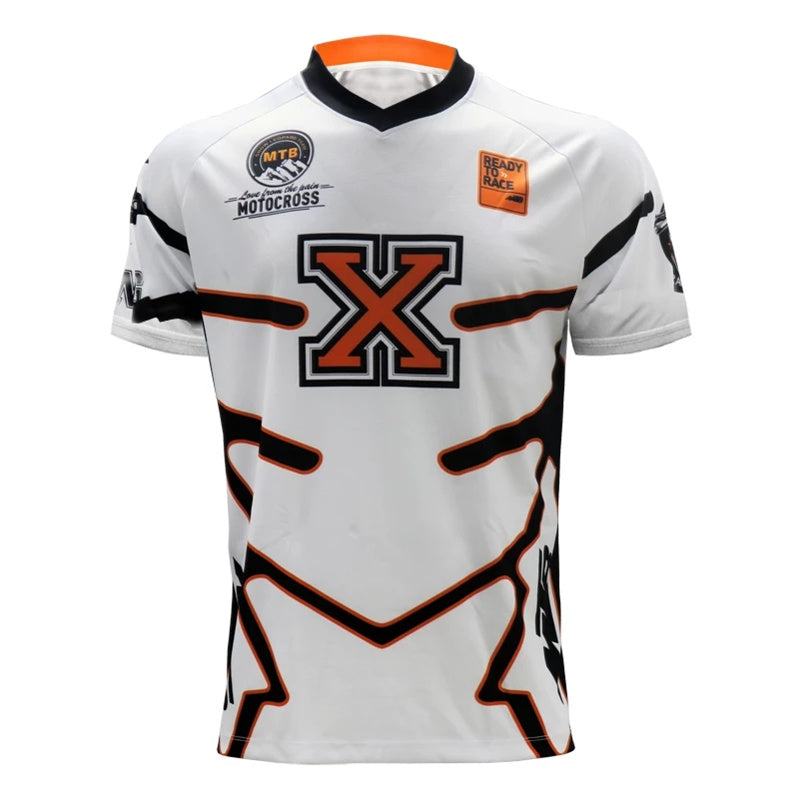 Men’s White Motocross Jersey – Short Sleeve Dirt Bike & MTB Racing Shirt with Orange “X” Graphic & Quick-Dry Fabric