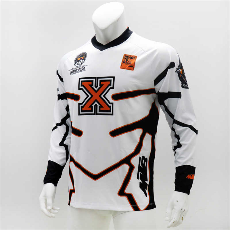 Men’s White Motocross Jersey – Long Sleeve Dirt Bike & MTB Racing Shirt with Orange “X” Graphic & Breathable Quick-Dry Fabric