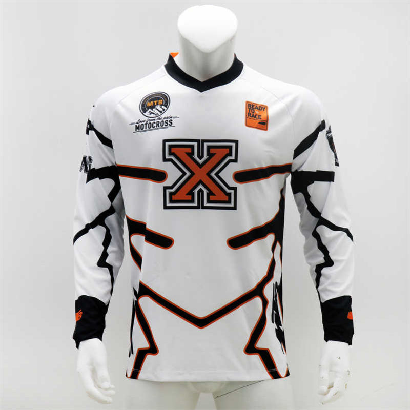 Men’s White Motocross Jersey – Long Sleeve Dirt Bike & MTB Racing Shirt with Orange “X” Graphic & Breathable Quick-Dry Fabric