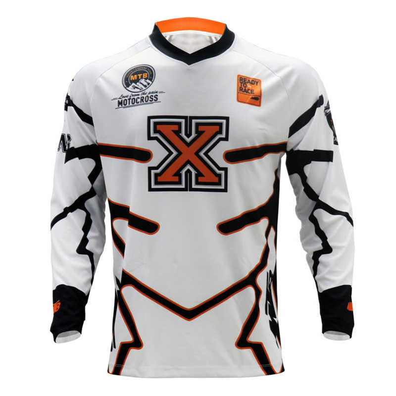 Men’s White Motocross Jersey – Long Sleeve Dirt Bike & MTB Racing Shirt with Orange “X” Graphic & Breathable Quick-Dry Fabric