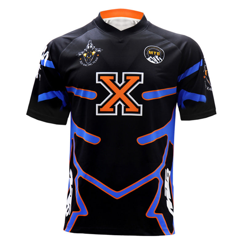 Men’s Black & Blue Motocross Jersey – Short Sleeve Dirt Bike & MTB Racing Shirt with Orange “X” Graphic & Quick-Dry Breathable Fabric