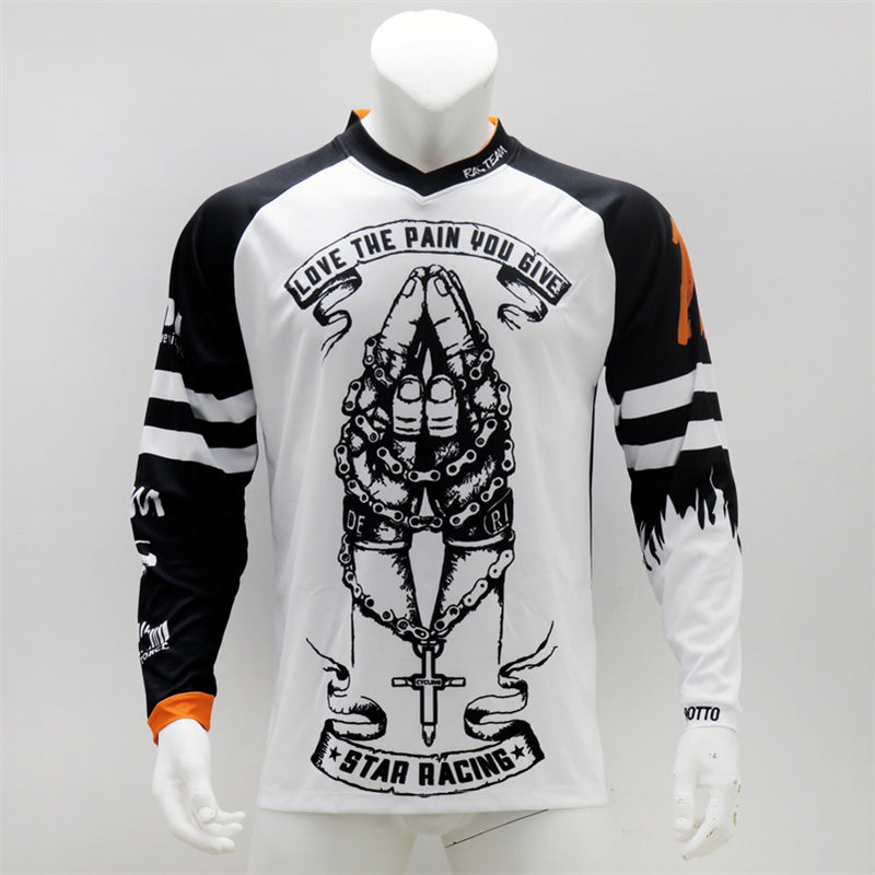Men’s White Motocross Jersey – Long Sleeve Dirt Bike Racing Shirt with Breathable Quick-Dry Fabric & Bold Graphic Print