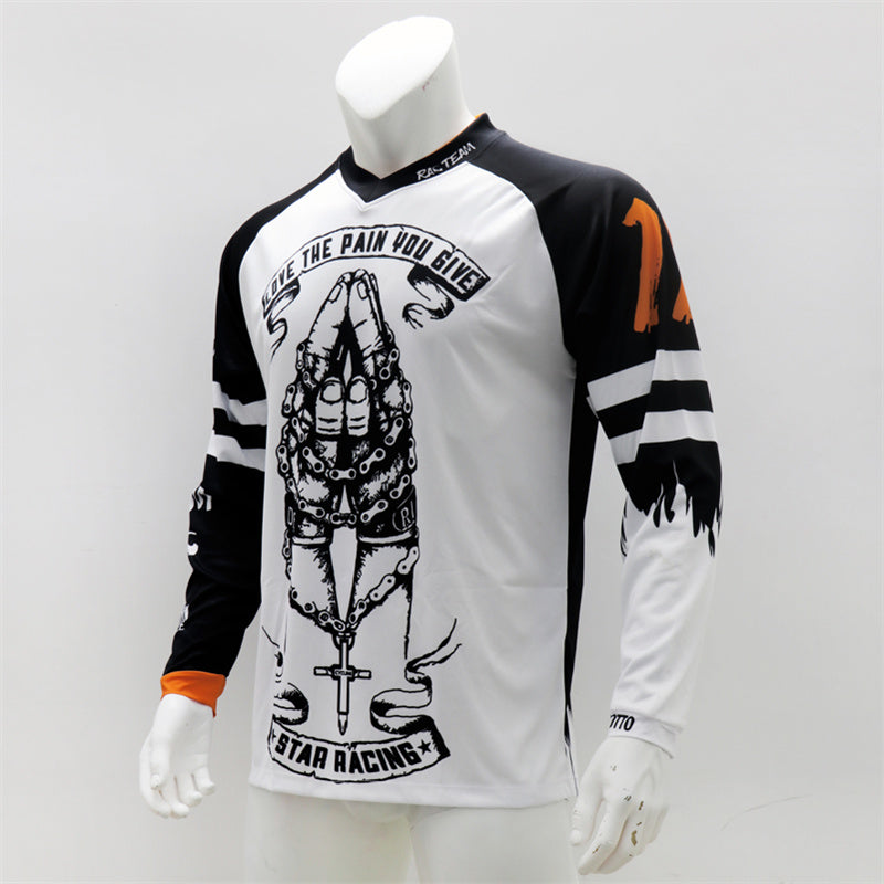 Men’s White Motocross Jersey – Long Sleeve Dirt Bike Racing Shirt with Breathable Quick-Dry Fabric & Bold Graphic Print