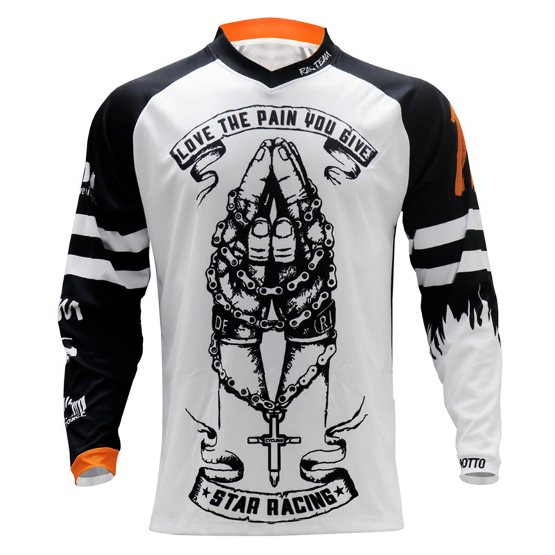 Men’s White Motocross Jersey – Long Sleeve Dirt Bike Racing Shirt with Breathable Quick-Dry Fabric & Bold Graphic Print