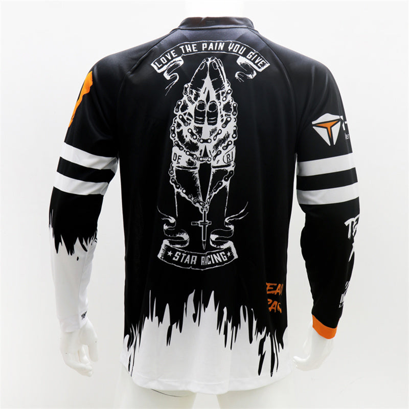 Men’s White Motocross Jersey – Long Sleeve Dirt Bike Racing Shirt with Breathable Quick-Dry Fabric & Bold Graphic Print
