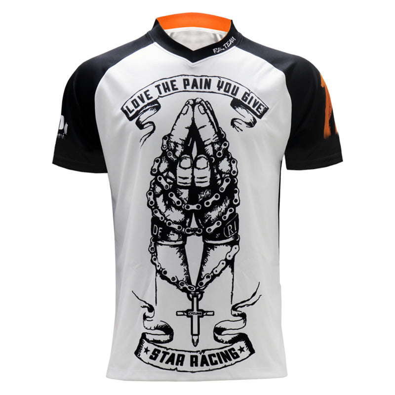 Men’s White Motocross Jersey – Short Sleeve Dirt Bike Racing Shirt with Breathable Quick-Dry Fabric & Graphic Print