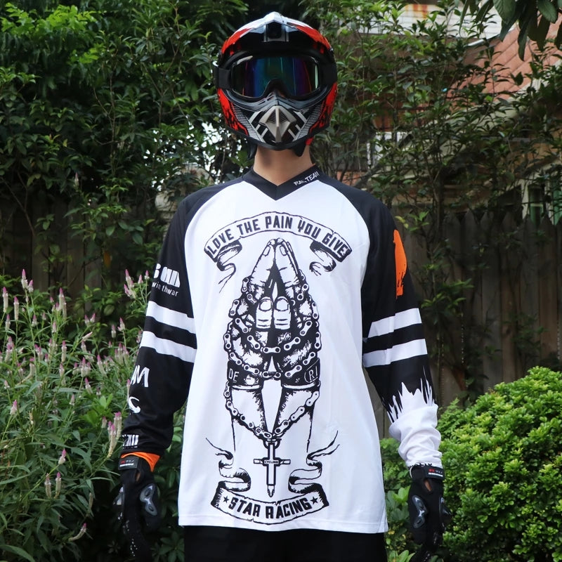 Men’s White Motocross Jersey – Long Sleeve Dirt Bike Racing Shirt with Breathable Quick-Dry Fabric & Bold Graphic Print