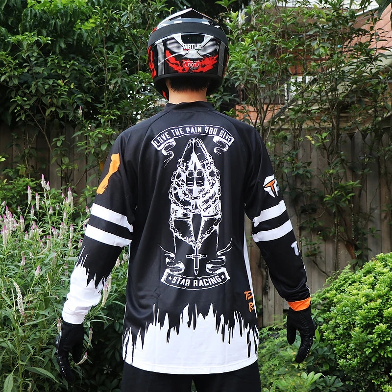 Men’s White Motocross Jersey – Long Sleeve Dirt Bike Racing Shirt with Breathable Quick-Dry Fabric & Bold Graphic Print