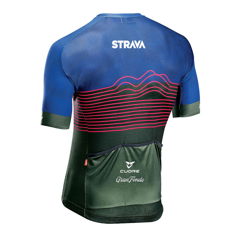 Strava Gran Fondo Jersey by Cuore | Blue & Green Mountain Lines (Unisex)